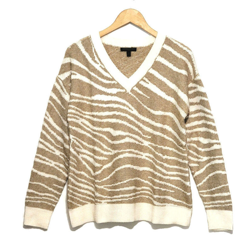 Banana Republic Zebra Print V Neck Sweater Tan Cream Long Sleeve S Chic